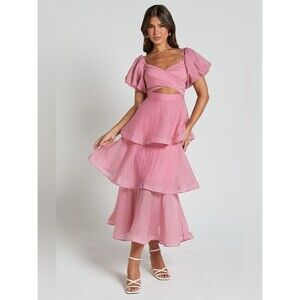 NEW Showpo Giselle Midi Dress Short Puff Sleeve Front Cut Out Layered Pink SZ 10